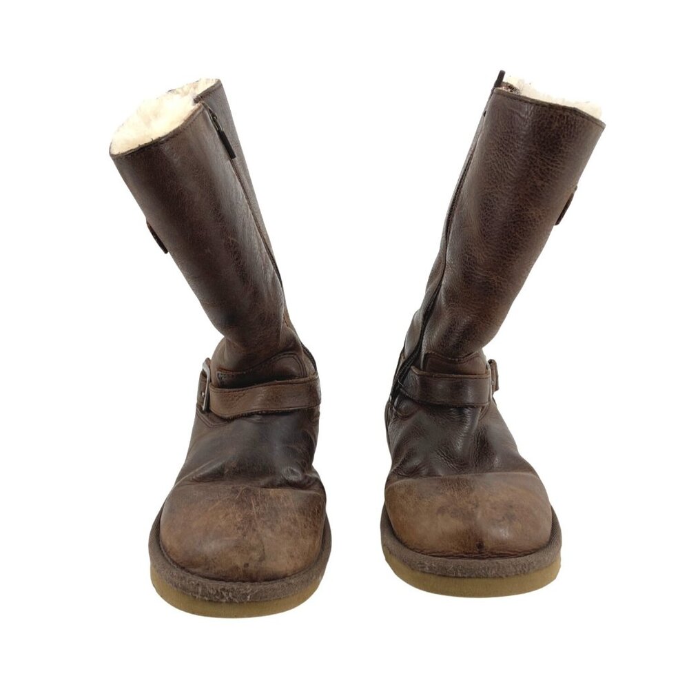 UGG Australia Kids 2 Kensington Brown Leather Mid-Calf Boots Shearling Lined - Picture 4 of 10